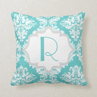 Aqua blue, white damask pattern throw pillow