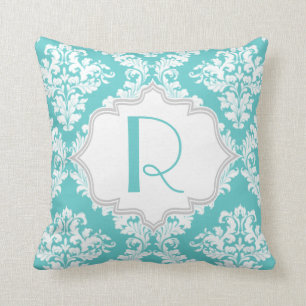 Aqua blue, white damask pattern throw throw pillow