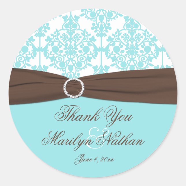 Aqua Blue, White Damask Wedding Favour Sticker (Front)