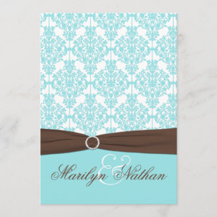 Aqua Blue, White Damask with Brown PRINTED Ribbon Invitation
