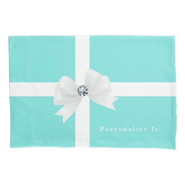 Aqua Blue & White Elegant Glam Diamond Bow Pillowcase (Front)