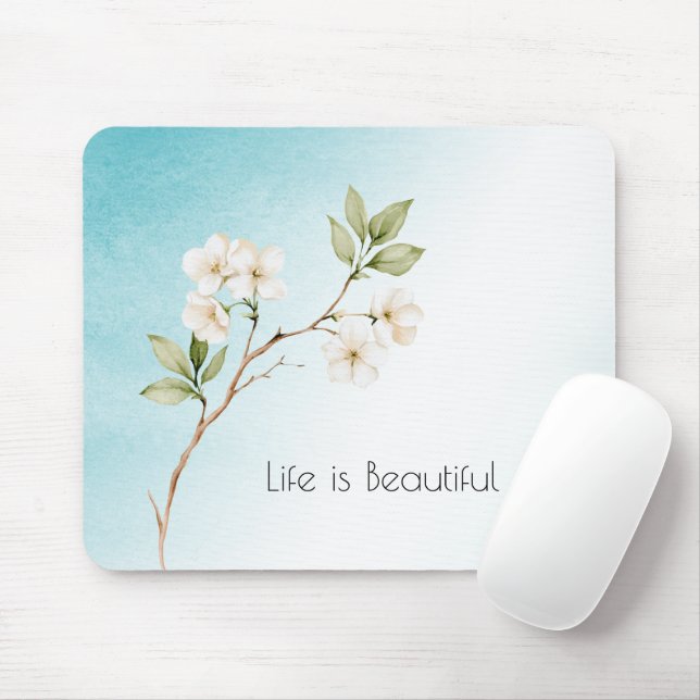 Aqua Blue White Floral Mouse Pad (With Mouse)