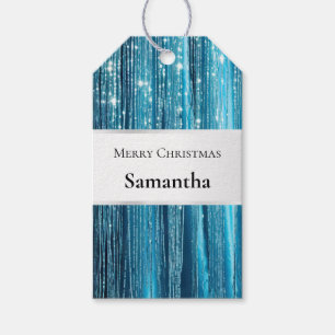 Aqua Blue White Glam Tinsel Stripes Gift Tags