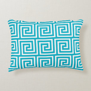 Aqua Blue White Greek Key Pattern Decorative Pillow