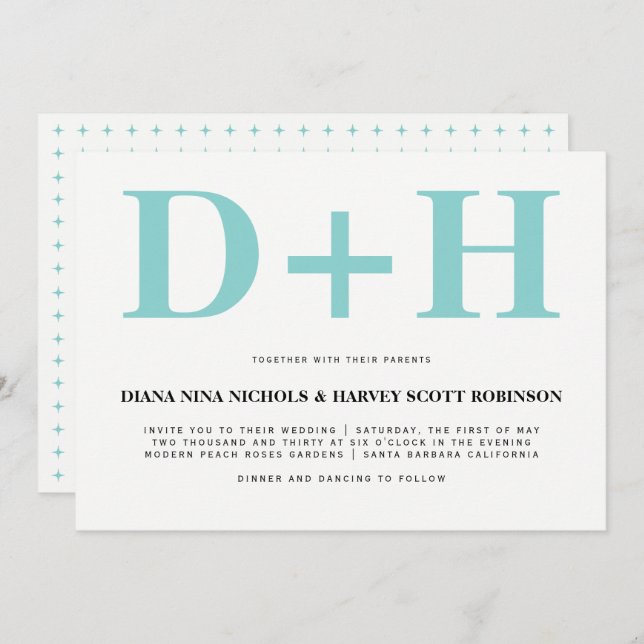 Aqua blue, white initials bold typography wedding invitation (Front/Back)