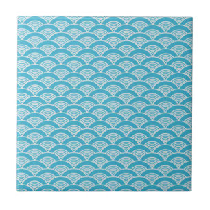 Aqua Blue White Japanese Wave Pattern Tile
