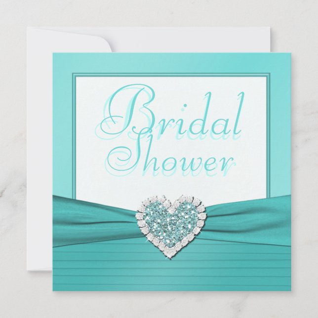 Aqua Blue, White Jewel Heart Bridal Shower Invite (Front)