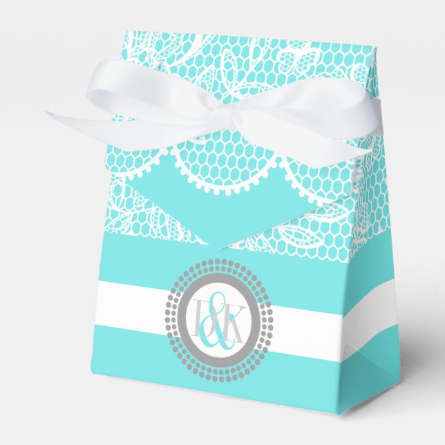Aqua blue, white lace pattern initials wedding favor box (Front Side)