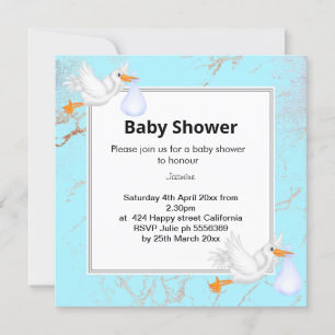 Aqua Blue White Marble Stork baby shower Invitation