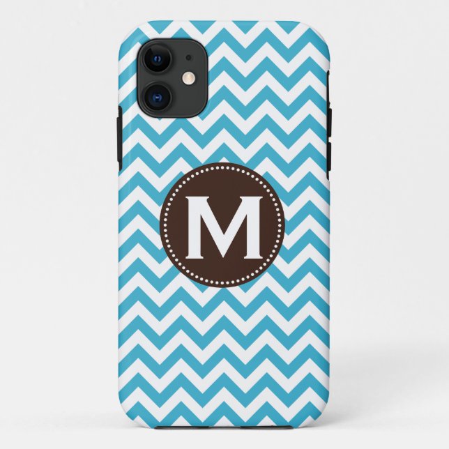 Aqua Blue White Monogram Chevron Pattern Case-Mate iPhone Case (Back)