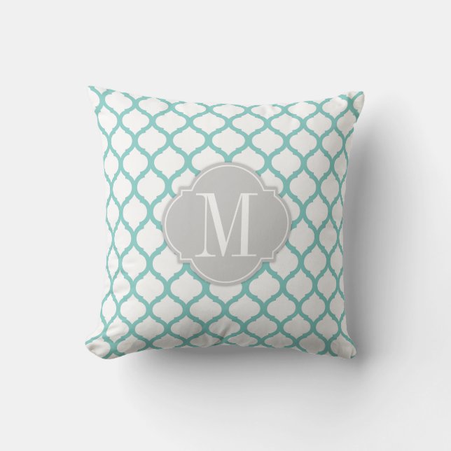 Aqua blue & White Moroccan Pattern with Monogram Throw Pillow (Front)