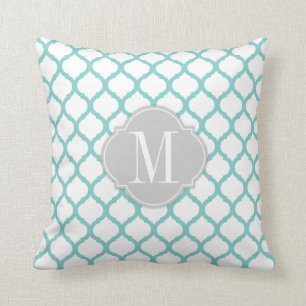 Aqua blue & White Moroccan Pattern with Monogram Throw Pillow