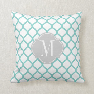 Aqua blue & White Moroccan Pattern with Monogram Throw Pillow