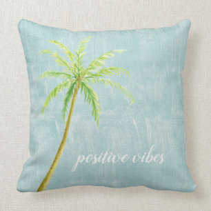 Aqua Blue White Ocean Shore Palm Tree Throw Pillow