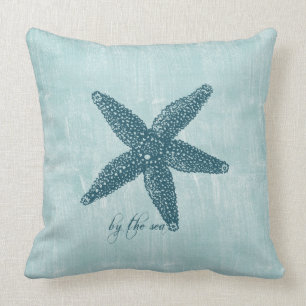 Aqua Blue White Ocean Shore Starfish Throw Pillow