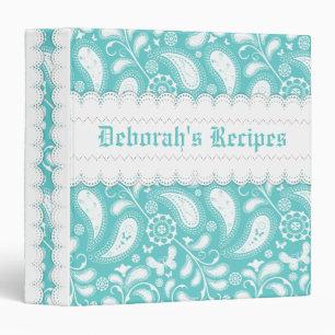 Aqua blue, white paisley with scalloped borders binder