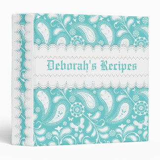Aqua blue, white paisley with scalloped borders binder