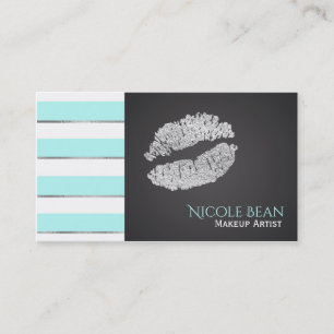 Aqua Blue White Stripes Faux Silver Shine Lips Business Card