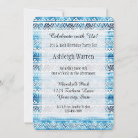Aqua Blue White Tribal Stripes 16th Birthday