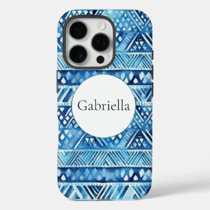 Aqua Blue White Tribal Stripes Dots  iPhone 16 Pro Case