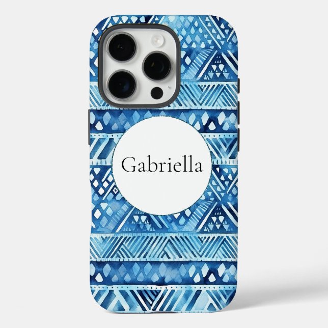 Aqua Blue White Tribal Stripes Dots  Case-Mate iPhone Case (Back)