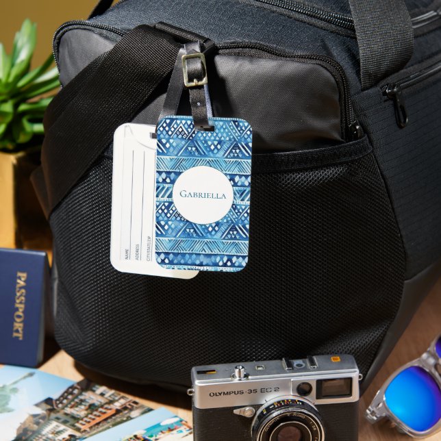 Aqua Blue White Tribal Stripes Dots  Luggage Tag (Front & Back)