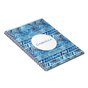 Aqua Blue White Tribal Stripes Dots Notebook