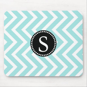 Aqua Blue & White Zigzag Pattern Black Monogram Mouse Pad