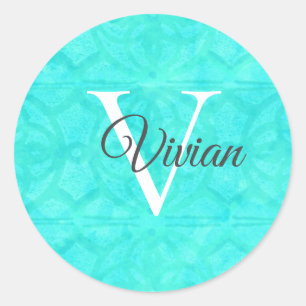 Aqua Blue With White Monogram Name Classic Round Sticker