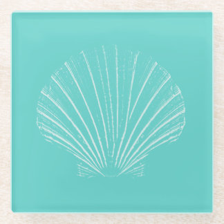 Aqua Blue with White Sea Shell Glass Coaster