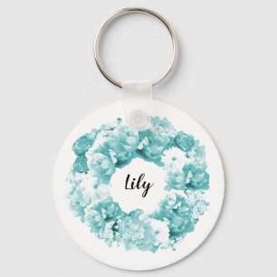 Aqua Blue Wreath Personalized Bridesmaid Keychain
