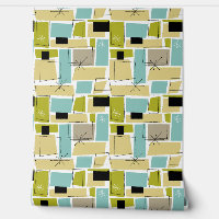 Aqua Blue Yellow Abstract Rectangles Mid Century