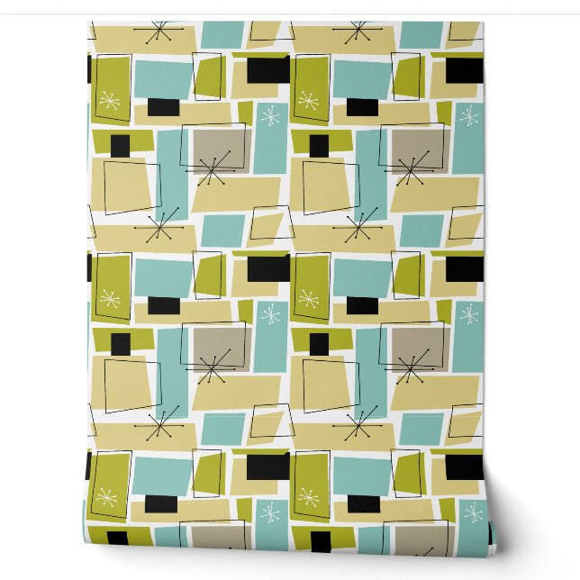 Aqua Blue Yellow Abstract Rectangles Mid Century Wallpaper (Unrolling)