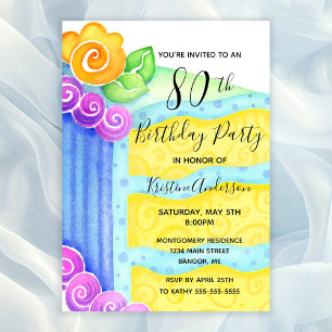 Aqua Blue Yellow Cake Floral 80th Birthday Party  Invitation