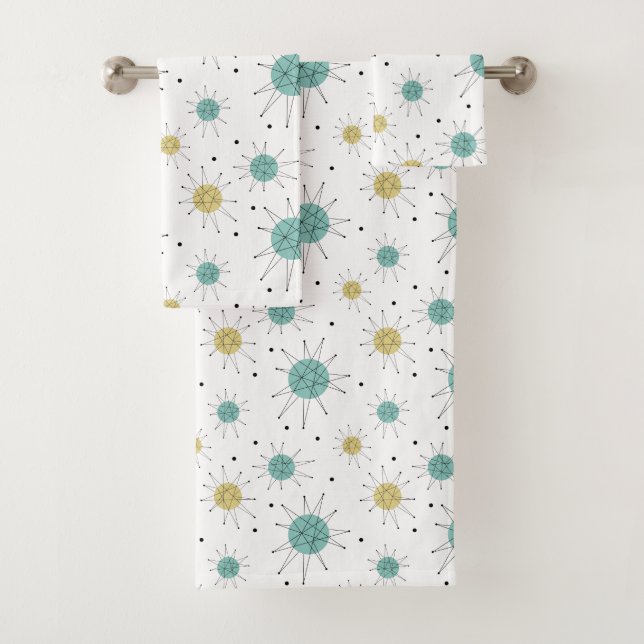 Aqua Blue Yellow Franciscan Starburst Mid Century Bath Towel Set (Insitu)