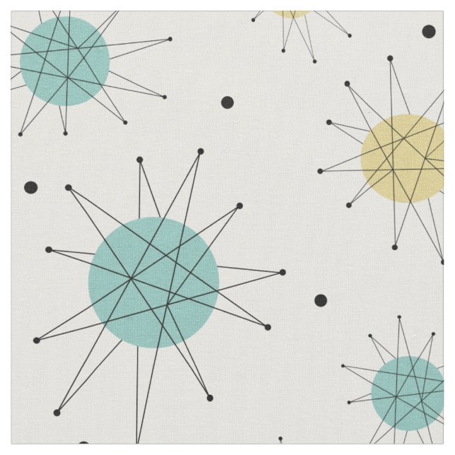 Aqua Blue Yellow Franciscan Starburst Mid-century Fabric (Close Up)