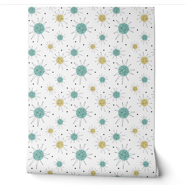 Aqua Blue Yellow Franciscan Starburst Mid Century Wallpaper (Unrolling)