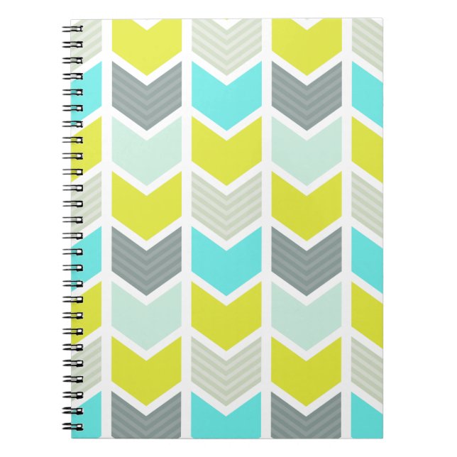 Aqua Blue Yellow Grey Geometric Chevron Pattern Notebook (Front)