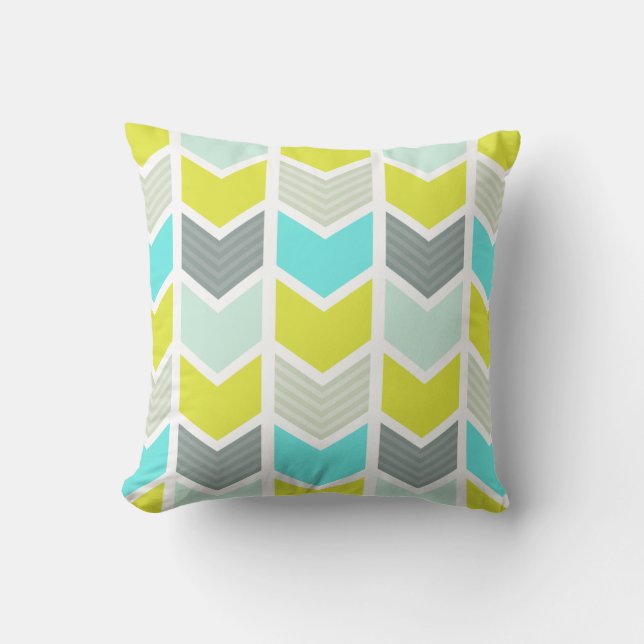Aqua Blue Yellow Grey Geometric Chevron Pattern Throw Pillow (Front)