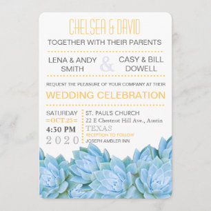 Aqua Blue & Yellow Succulent Modern Chic Wedding Invitation