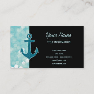 Aqua Bokeh Nautical Glitter Anchor Business Card