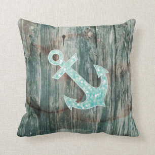 Aqua Bokeh Nautical Glitter Anchor on Wood Throw Pillow