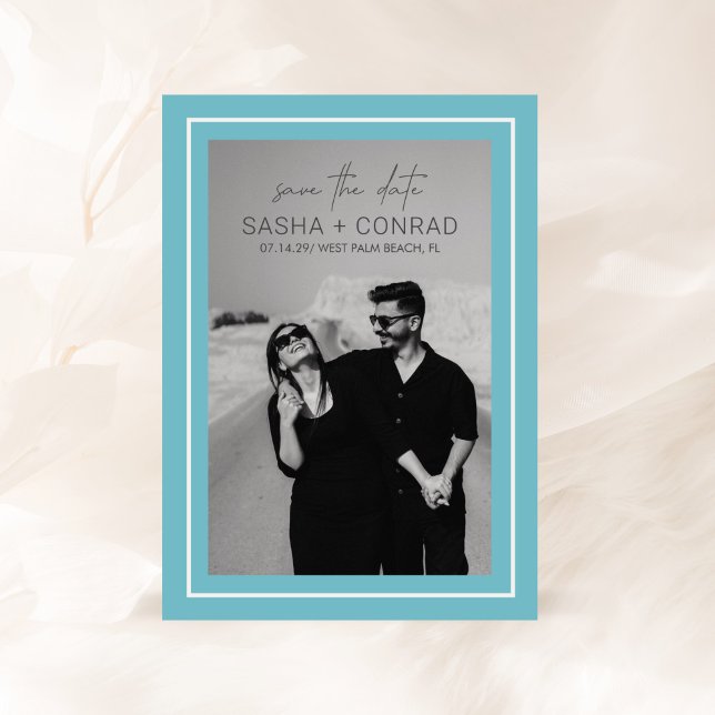 Aqua Bold Border Photo Modern Wedding Save The Date (Creator Uploaded)