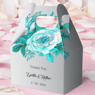 Aqua Botanical Silver Wedding Roses Favor Box