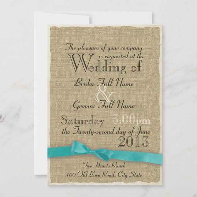 Aqua Bow and Burlap Wedding Lite Invitation (Front)