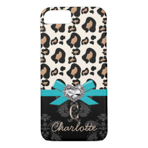 Aqua Bow Heart Shaped Faux Bling Leopard Print Case-Mate iPhone Case