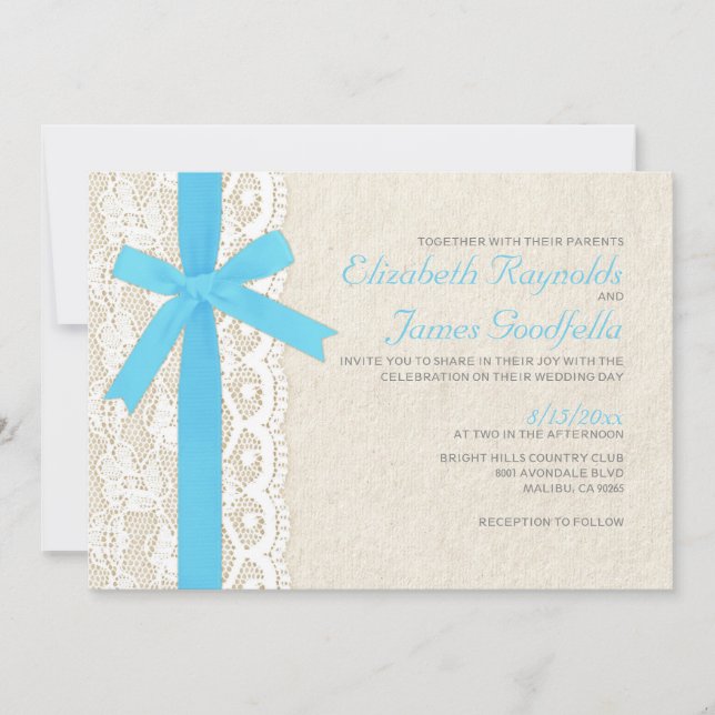 Aqua Bow & Lace Wedding Invitations (Front)