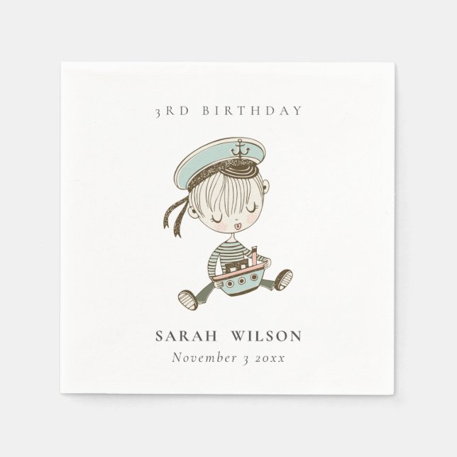 Aqua Boys Little Sailor Nautical Any Age Birthday Napkin (Front)