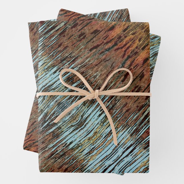 Aqua Brown and Orange Wild Abstract Wrapping Paper (In situ)
