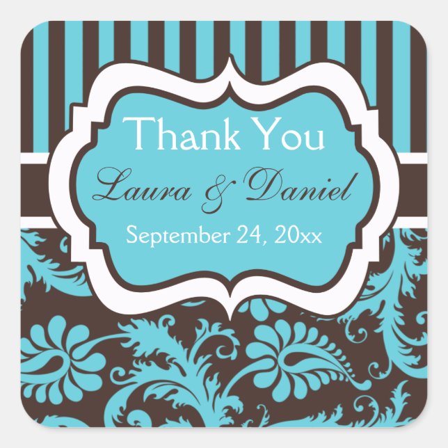 Aqua, Brown, and White Wedding Favour Sticker (Front)